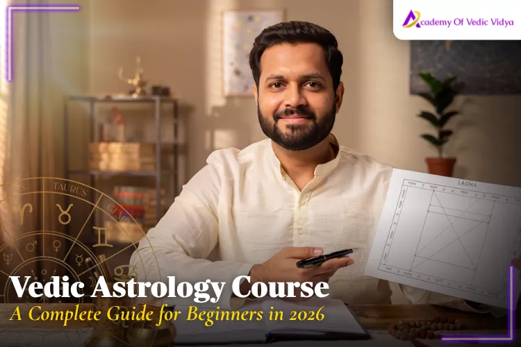 Online Vedic astrology course banner with zodiac wheel and planetary symbols