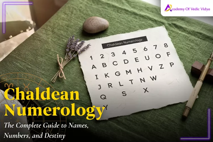Cover of "Chaldean Numerology: The Complete Guide to Numbers, Names, and Destiny" featuring mystical symbols and vibrant colors
