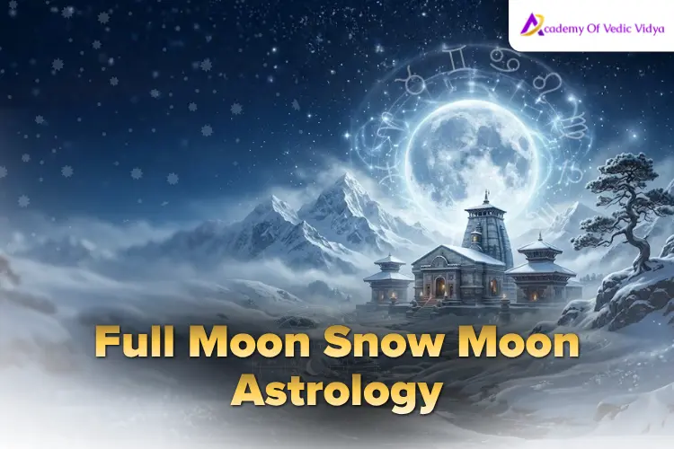 A bright full Snow Moon illuminates the night sky, symbolizing astrological significance and energy for zodiac signs. The full Snow Moon shines brightly, representing its astrological meaning and influence on various zodiac signs