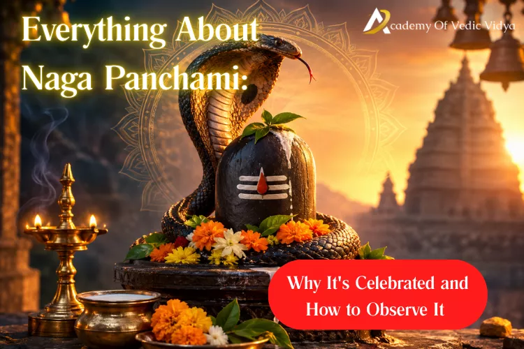 A decorated Shiva lingam with a cobra, flowers, and temple in the background, promoting Naga Panchami celebration information.