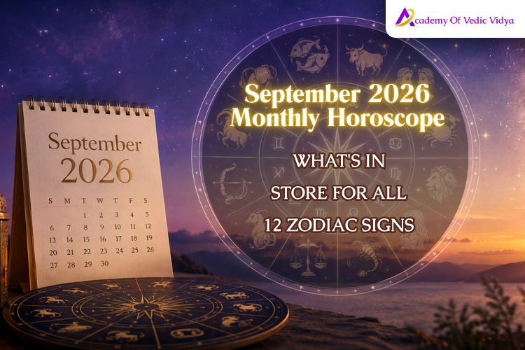 September 2026 horoscope image with calendar, zodiac wheel, and text about predictions for all 12 zodiac signs on a sunset background.